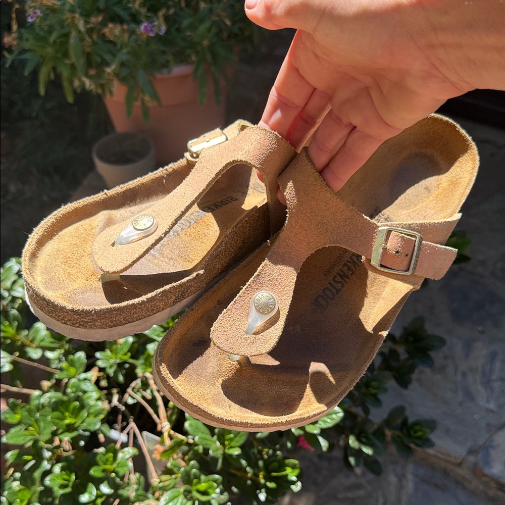 Birkenstock Rose Gold Suede Sandals with Gold Buckle